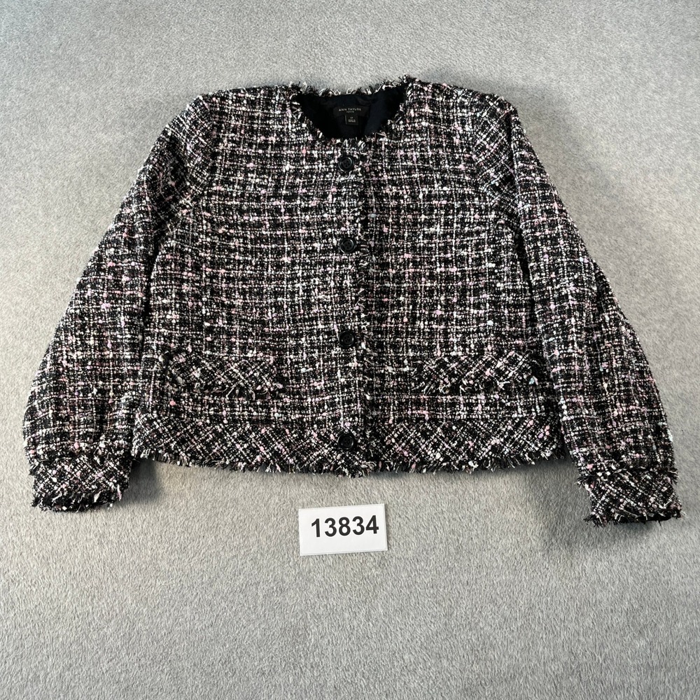 Ann Taylor Tweed Jacket Womens LP Black Pink Textured Button Front Streetwear